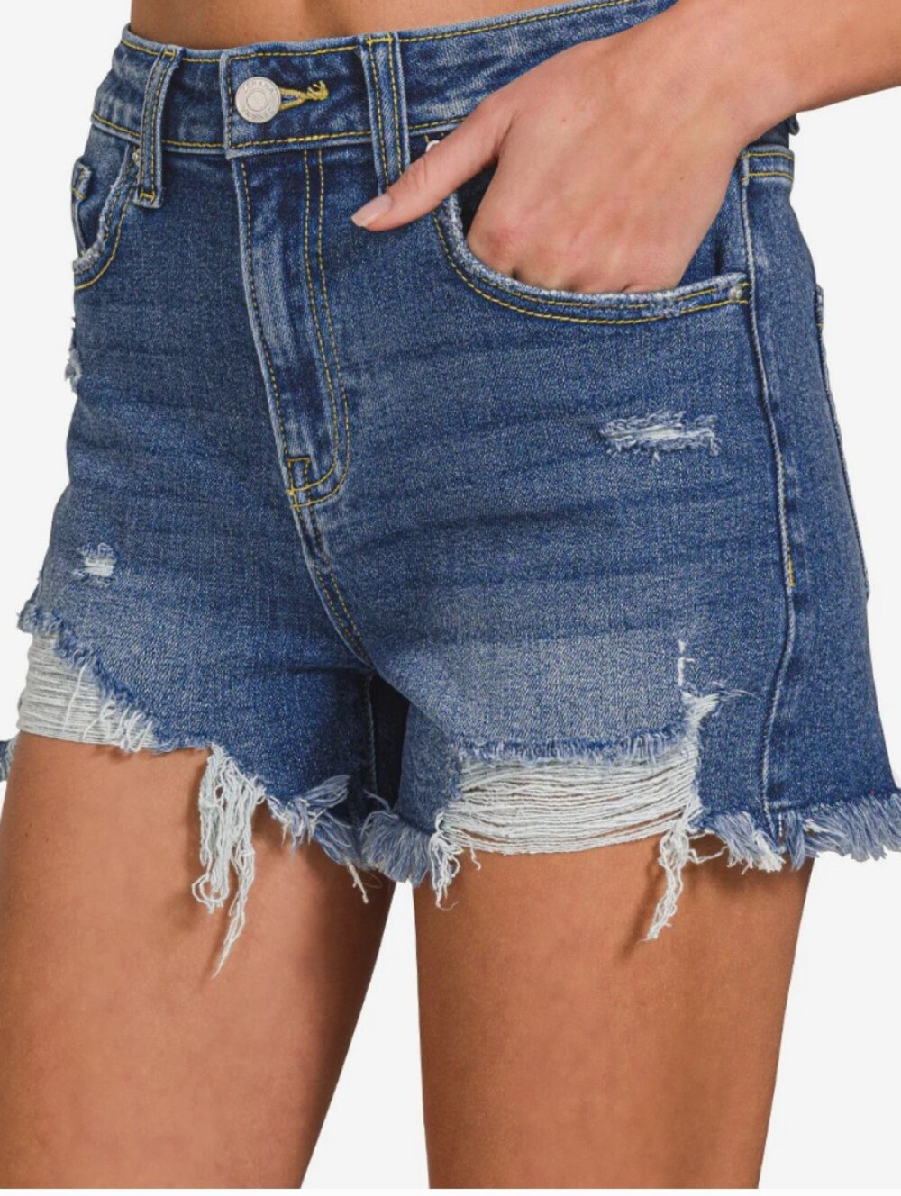 Zenana Outfitters Dark Wash Frayed Hem Denim Shorts